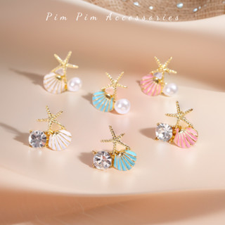 Bông Tai Nữ Hình Sao Biển & Vỏ Sò Đính Ngọc Trai Giả , Đá CZ – Trang Sức Biển Xinh Xắn Hàn Quốc
