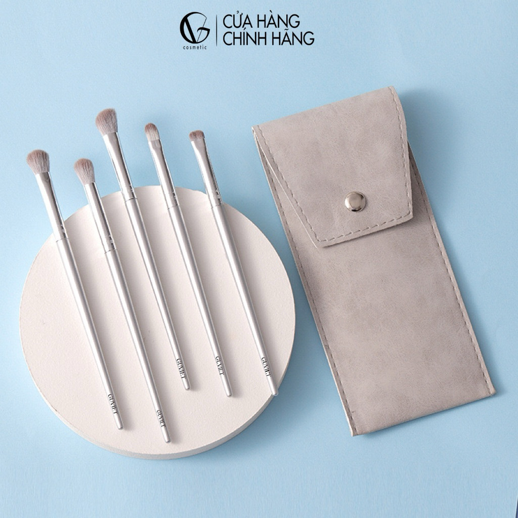 Bộ cọ trang điểm mắt GUVIET gồm 5 cọ màu bạc đi kèm theo túi da đựng cọ
