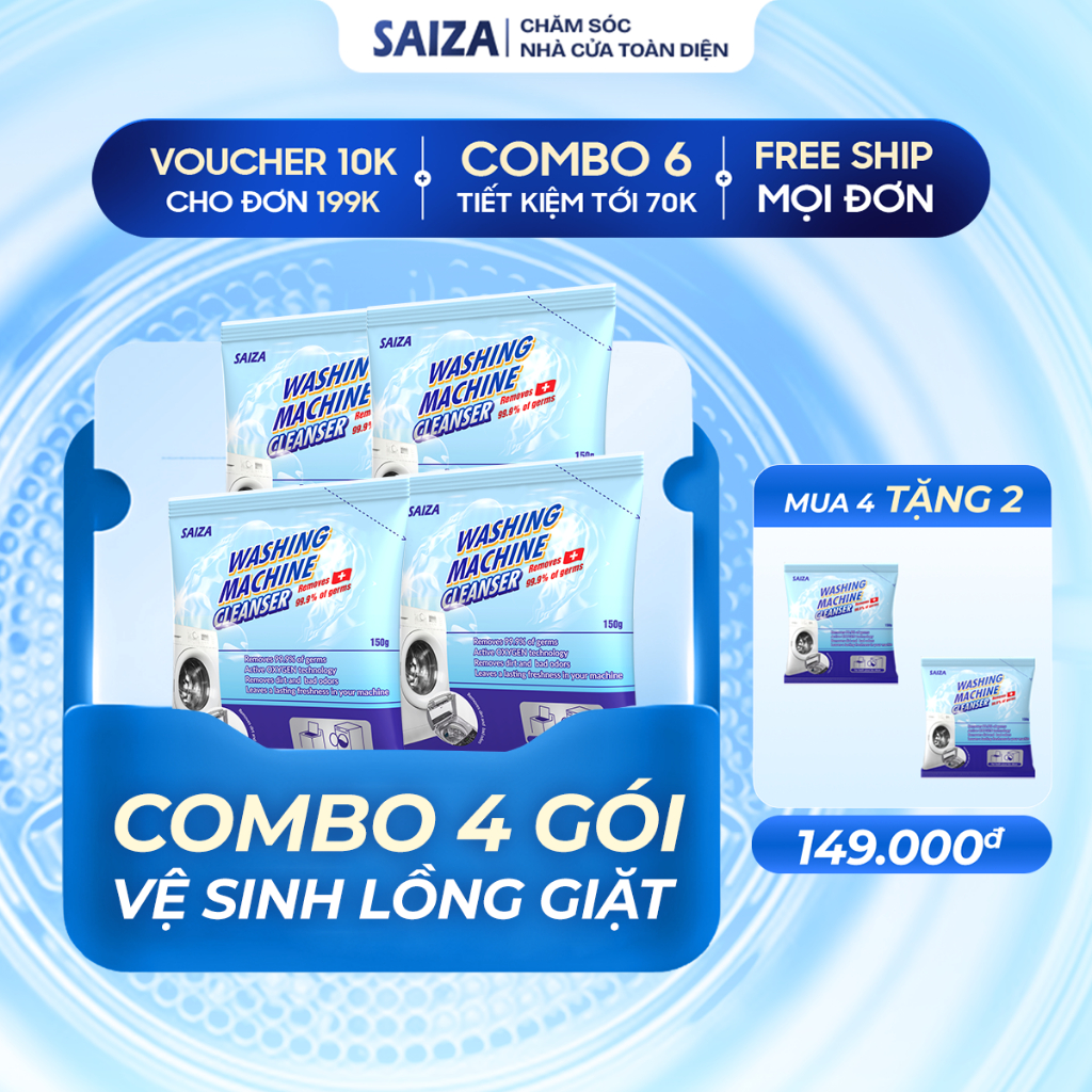 Bột vệ sinh lồng máy giặt SAIZA – Combo 4 tặng 2, loại bỏ cặn bẩn, khử mùi, giữ máy giặt bền sạch