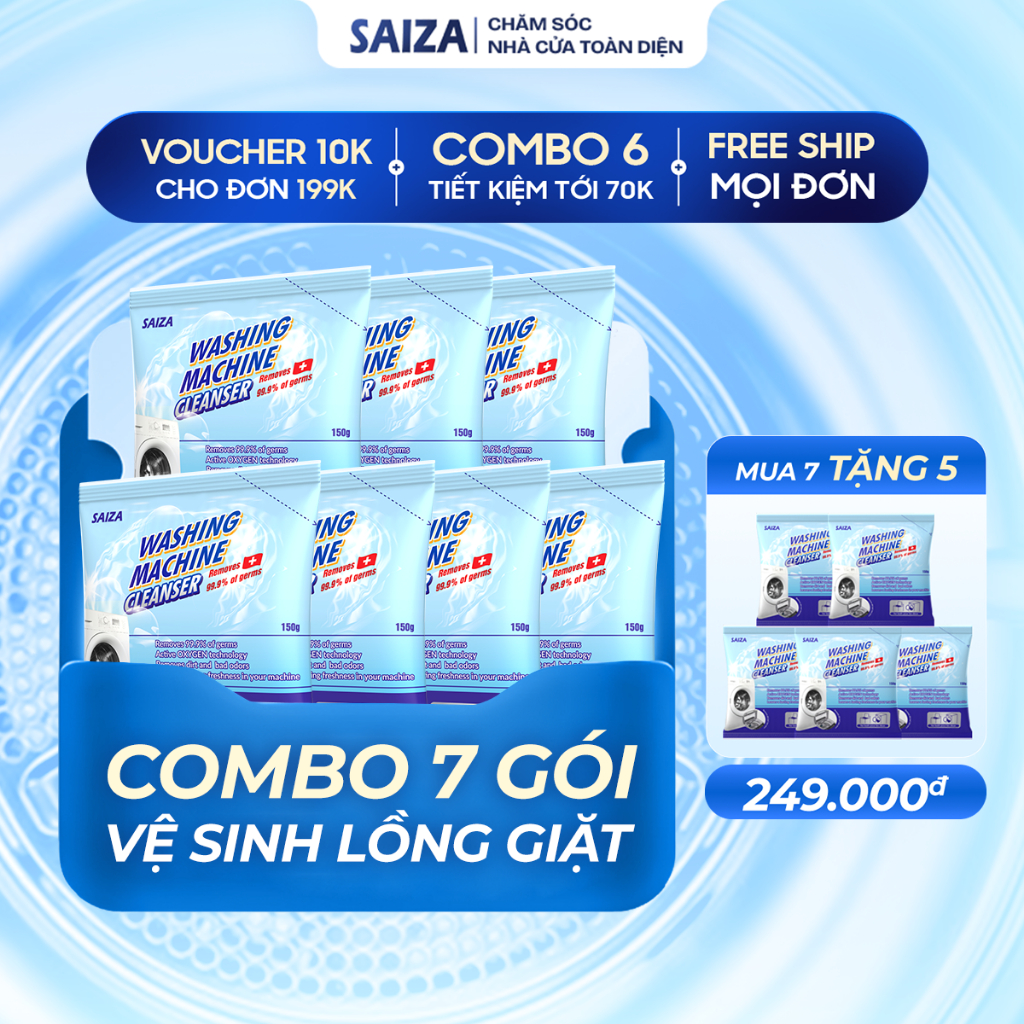 Bột vệ sinh lồng máy giặt SAIZA – Combo 7 tặng 5 gói, khử mùi, tẩy cặn bẩn, diệt khuẩn hiệu quả