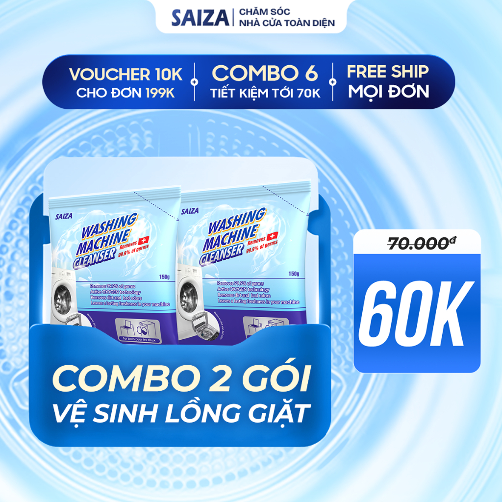 Bột vệ sinh lồng máy giặt SAIZA – Combo 2 gói, tẩy lồng giặt, diệt khuẩn, khử mùi, tiết kiệm chi phí