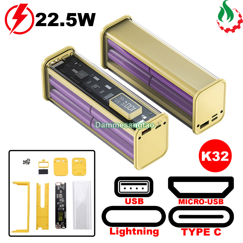 Vỏ box sạc dự phòng trong suốt 8 cell 18650 (K32) sạc nhanh 22.5W không lò xo (Không có pin)
