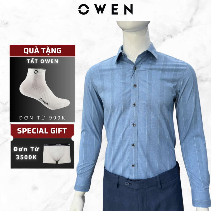 Áo sơ mi dài tay Owen AS250349D ,kiểu dáng Slimfit vừa vặn không túi, họa tiết sọc trẻ trung lịch sự