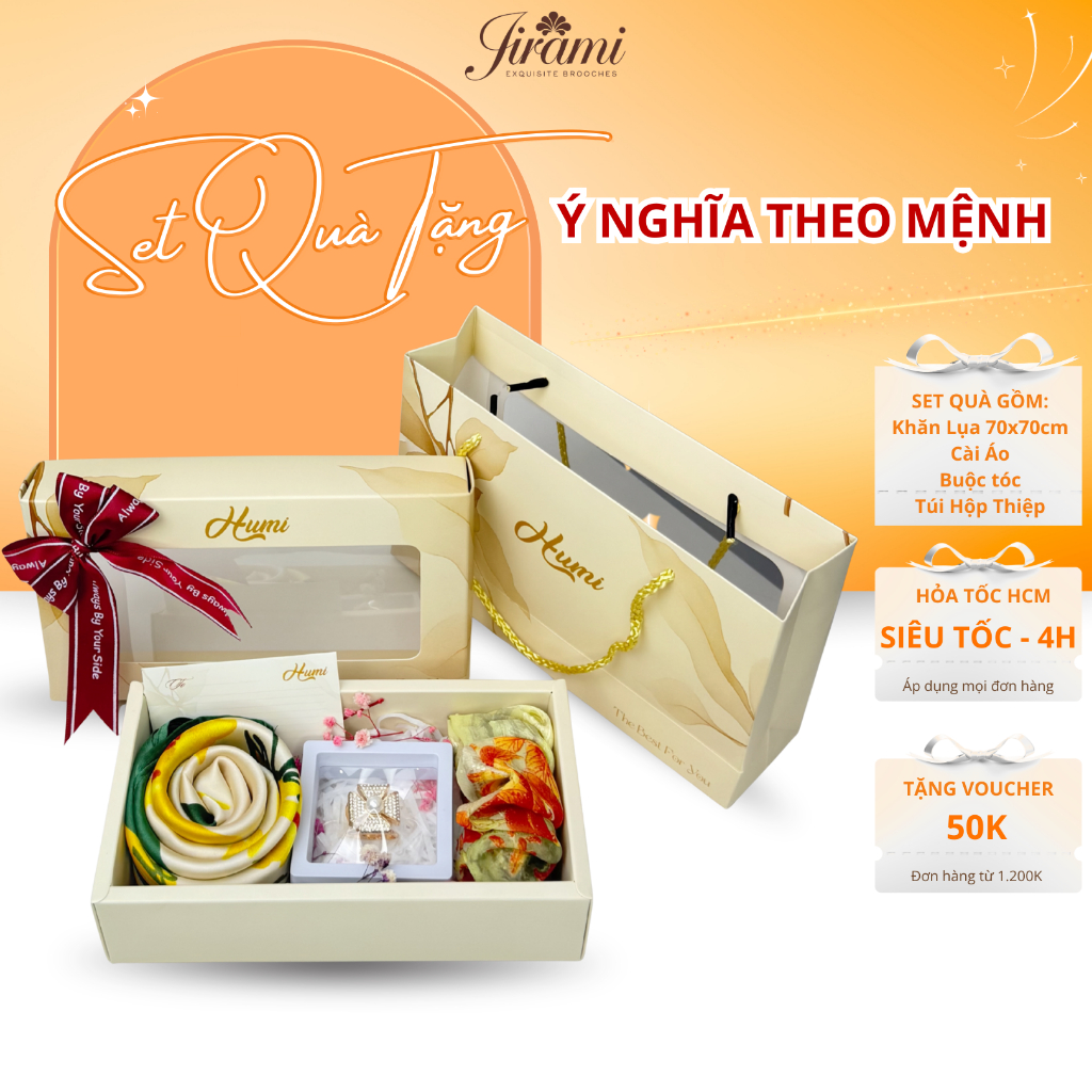 Set Quà Khăn Lụa Vuông Cài Khăn, Buộc Tóc JIRAMI – Quà Tặng Phong Thủy Cao Cấp Sang Trọng Theo Mệnh