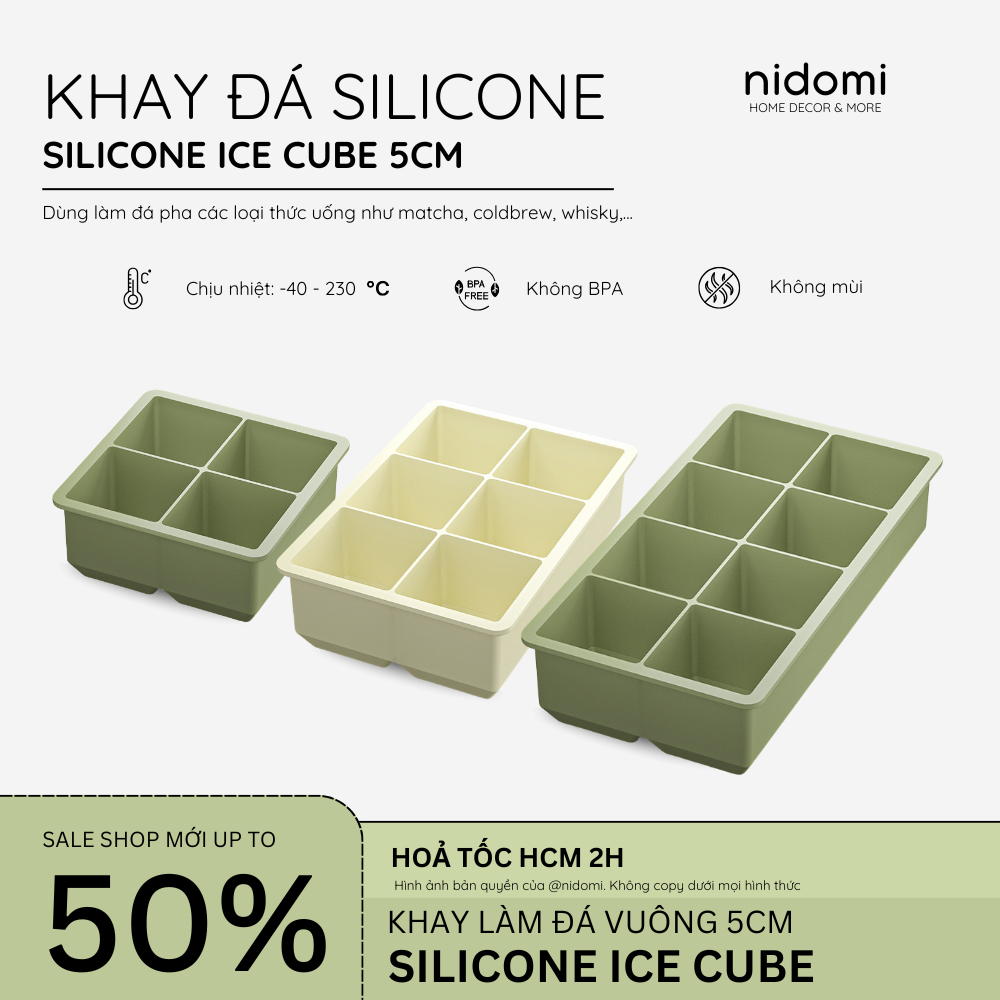  |nidomi| Khay Làm Đá Silicon to 5cm có nắp đá to giúp tan chậm để uống matcha coldbrew whisky 
