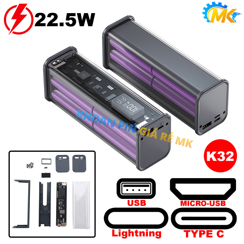 Vỏ box sạc dự phòng trong suốt 8 cell 18650 (K32) sạc nhanh 22.5W (Không có pin)