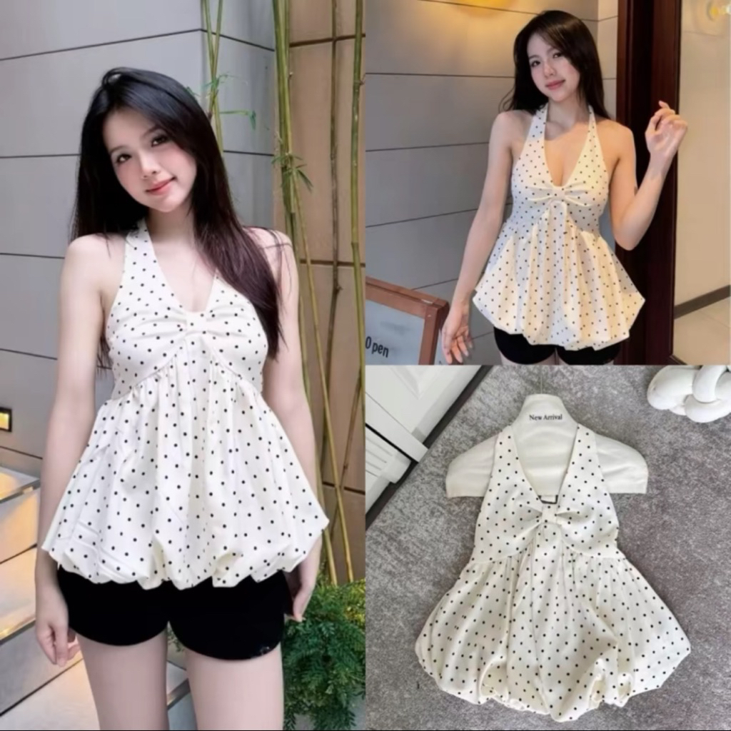 (CÓ ĐỆM) ÁO CỔ YẾM XOẮN NGỰC DÁNG PELUM BÍ PHỒNG CHẤM BI QUYẾN RŨ CHO NỮ m6035