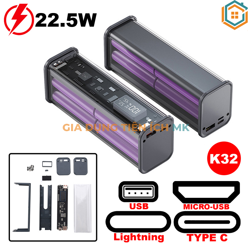 Vỏ box sạc dự phòng trong suốt 8 cell 18650 (K32) sạc nhanh 22.5W (Không có pin)