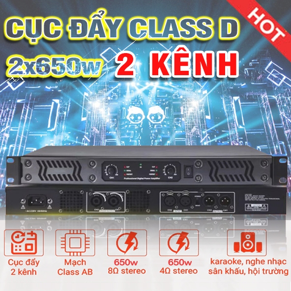 Cục Đẩy Công Suất 2 Kênh  Class D Công Suất 2x650w ,Chip CUP Kỹ Thuật Số ,DM2 8Ohm 1100W