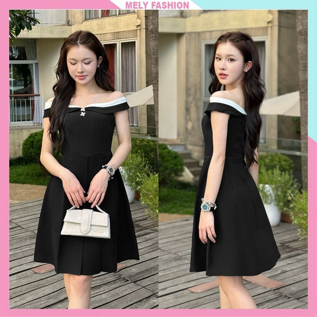 Váy thiết kế trễ vai chiết ly Mely Fashion váy dài 90cm tôn dáng bụng 2 lớp tuyết mưa cao cấp TK01