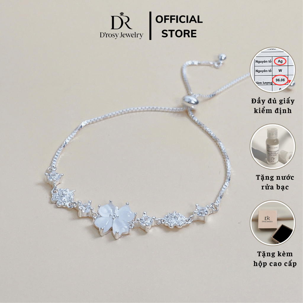 [ TẶNG NƯỚC RỬA BẠC ] Lắc tay bạc nữ S925 D'ROSY kiểu dáng dây rút điều chỉnh size cỏ 4 lá D’ROSY JEWELRY LT06