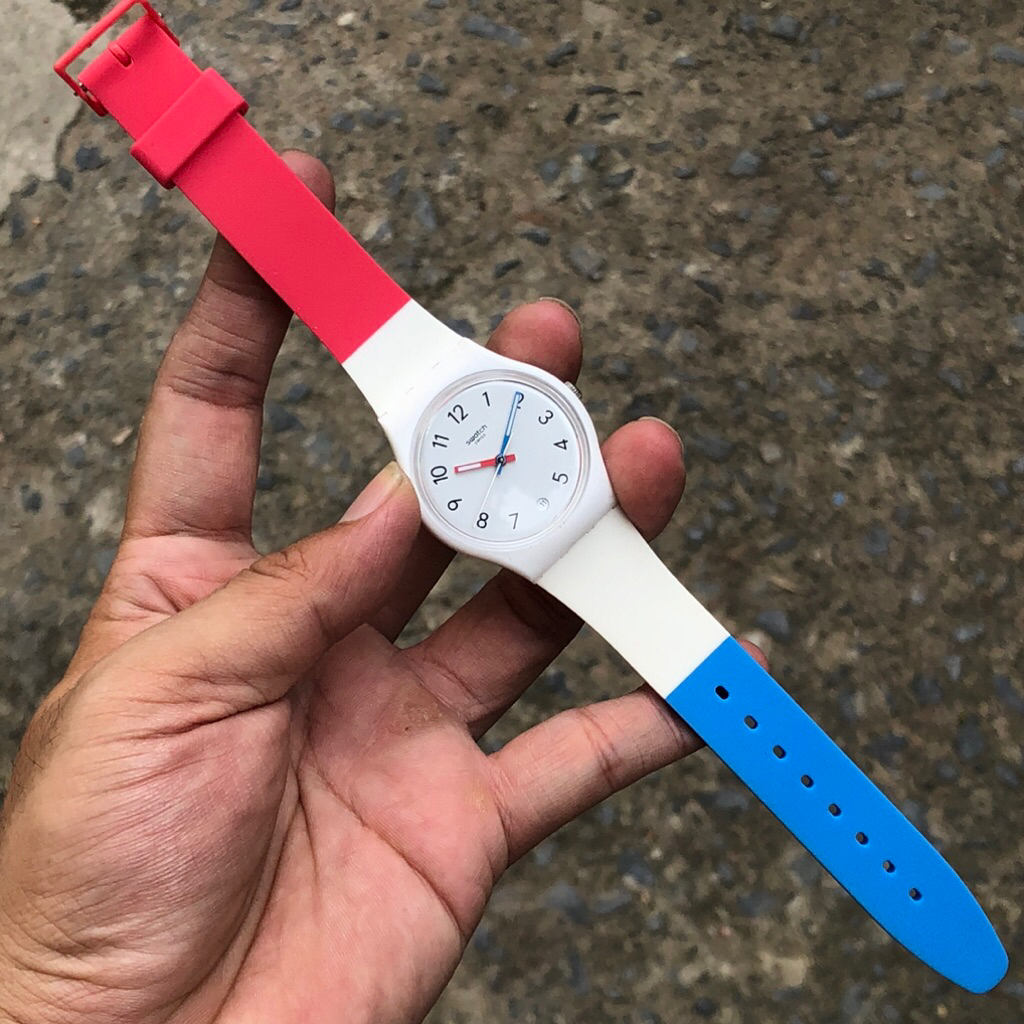 Đồng hồ Nam Nữ Swatch Swiss thuỵ sỹ tông 3 màu xanh trắng đỏ siêu kute