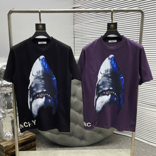 Áo phông nam nữ Premium Cotton PB in hình cá mập xanh phối chữ cao su tráng gương bạc boy phố