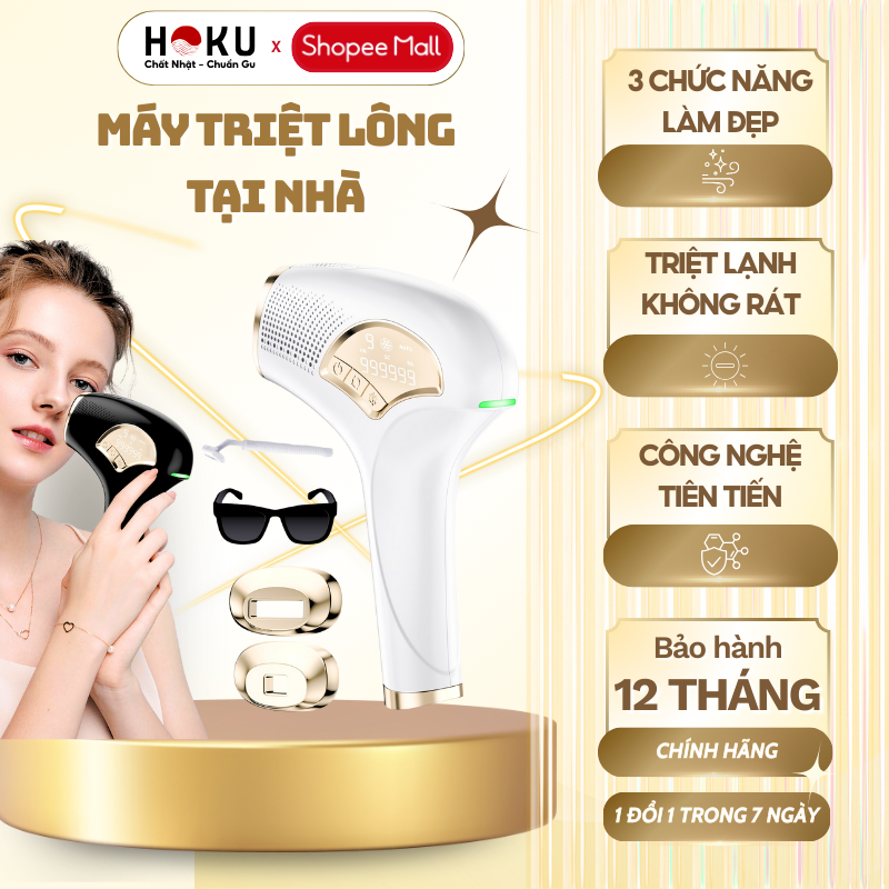 Máy Triệt Lông Mini Cầm Tay HOKU, Tẩy Lông Bằng Laser Ánh Sáng 9 Cấp Độ Tại Nhà, Không Đau Rát-MTL02