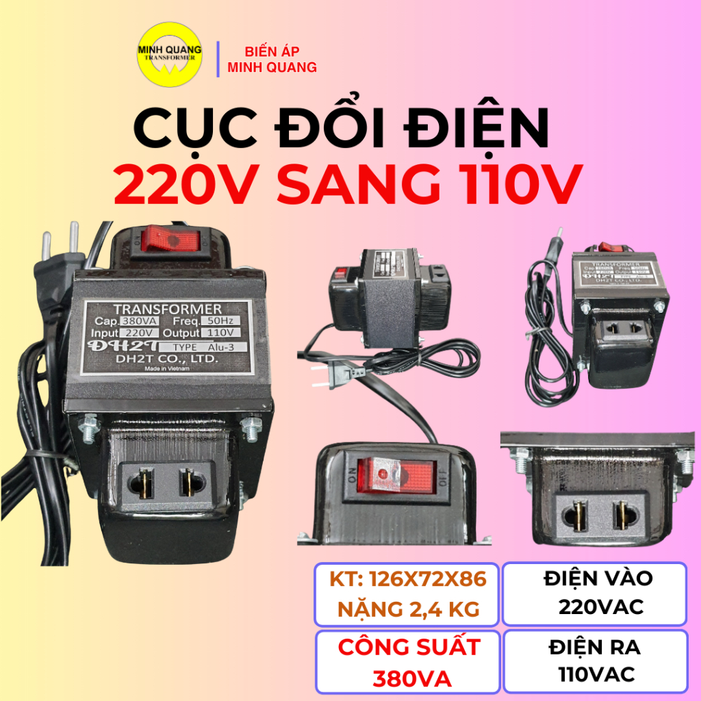 Cục Đổi Điện 220V sang 110V (Alu-3),Công suất 380VA,Điện vào 220V,Điện ra 110V, vỏ sắt sơn tĩnh điện