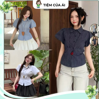  Áo Sơ Mi Nữ Tay Ngắn Bồng Cổ Đúc Chiết Eo Kẻ Sọc Nhiều Màu Thanh Lịch 