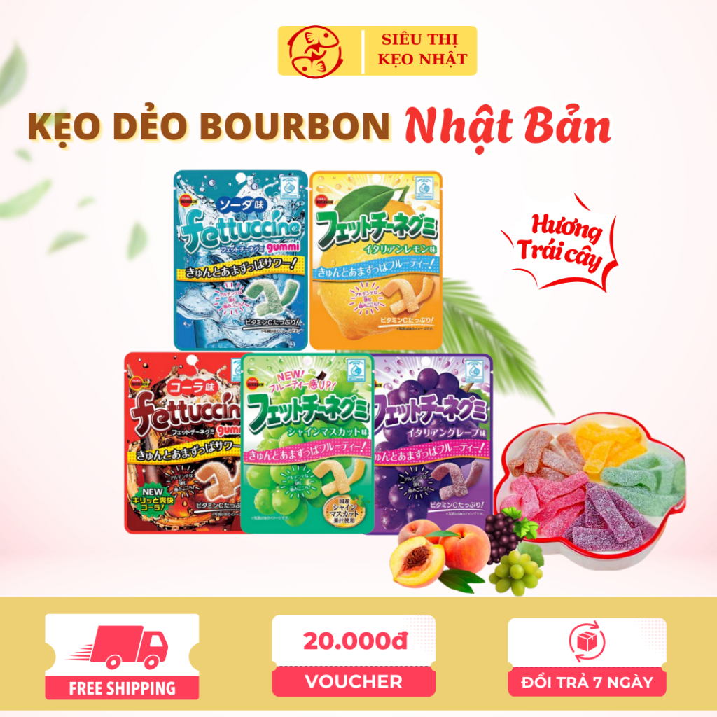 Kẹo Dẻo Trái Cây Bourbon Nhật Bản Cho Bé Từ 3 Tuổi - Kẹo Dẻo Hình Sợi Fettuccine Thơm Ngon (Gói 50g)