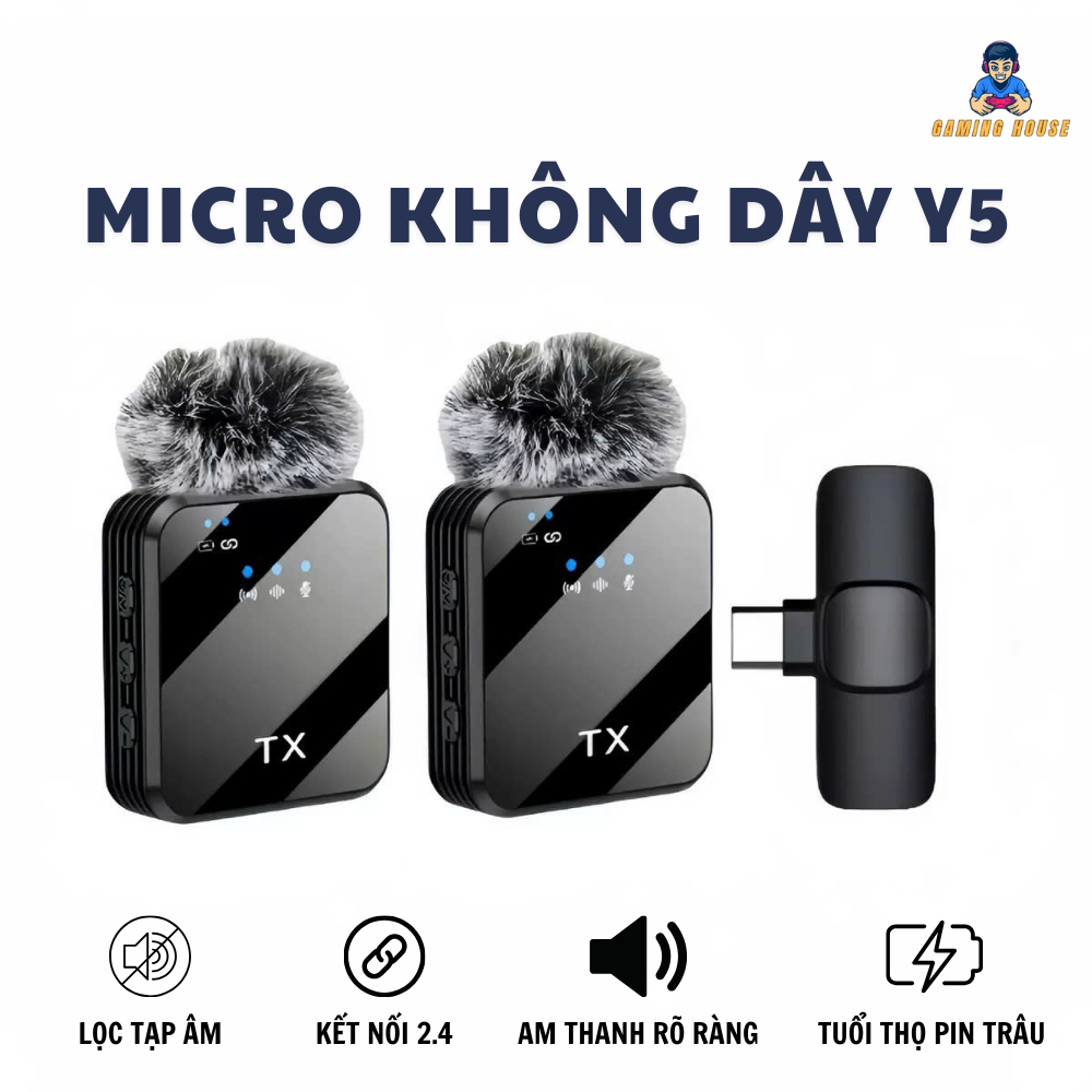 Micro Mic không dây Y5 dành cho điện thoại - Jack Lightning và Type-C  - Tích hợp cổng sạc - Pin 20h