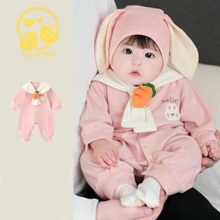 Bộ dài tay bé gái hình Thỏ Hồng dễ thương, Bodysuit dài tay cho bé gái bé trai chất cotton, Quần áo sơ sinh cho bé 0-12M