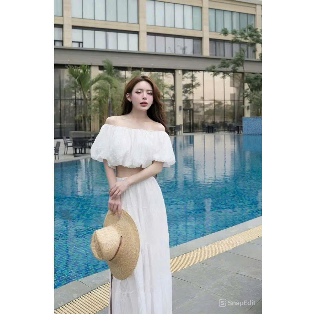 B198 - Set áo trễ vai chất tơ kèm chân váy dài tiểu thư đi chơi đi, biển