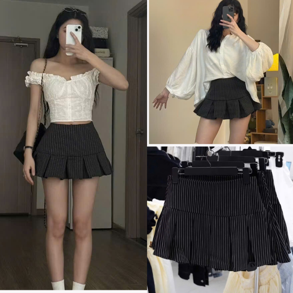 Chân Váy Kẻ Đen Xếp Ly Dáng Ngắn Form Xoè Có Size Siêu Xinh, Labibi