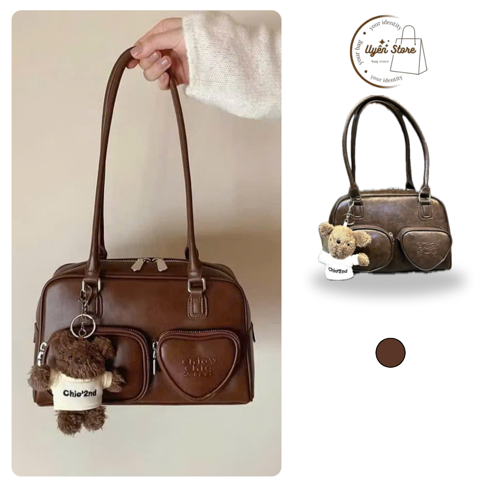 Túi xách đeo vai túi tim màu nâu kèm charm gấu - DK077