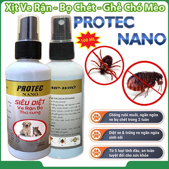 Xịt Ve Rận, Bọ Chét Chó Mèo PROTEC NANO 100ml Chính Hãng - Loại Bỏ Trứng Ấu Trùng Lành Tính, Hiệu Qu
