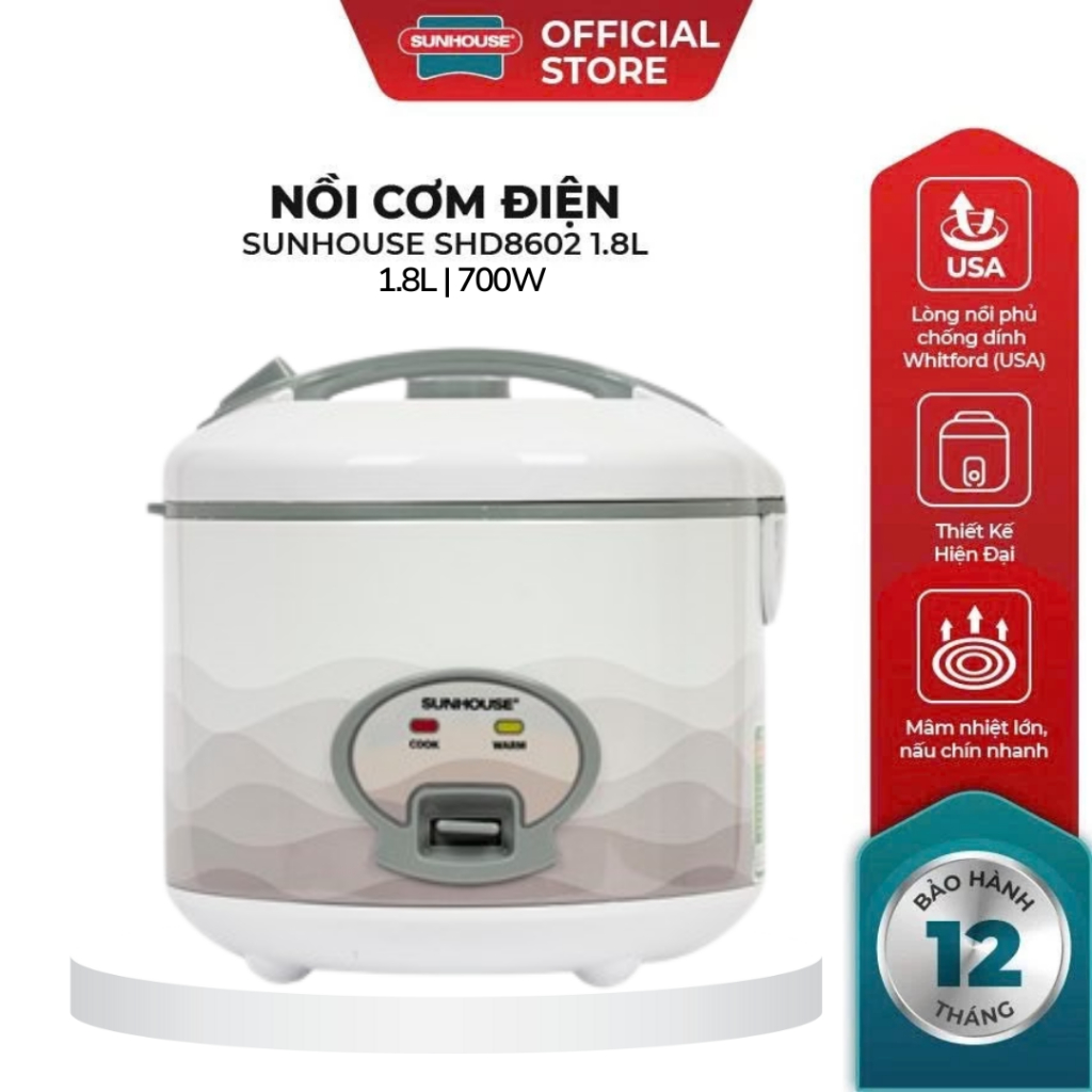 Nồi Cơm Điện SUNHOUSE SHD8602 Chính Hãng 1.8 Lít, Màu Trắng Hoa Văn Ghi, Chống Dính Bảo Hành 1 Năm