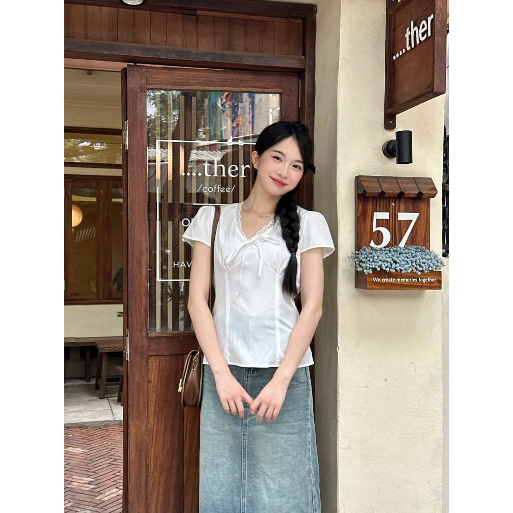 Áo Cổ Tim Nữ Phối Ren Thắt Nơ Ngực Dây Buộc Sau Lưng Freesize, Áo Kiểu Mùa Hè Năng Động - A554 - 29feb.closet | BigBuy360 - bigbuy360.vn