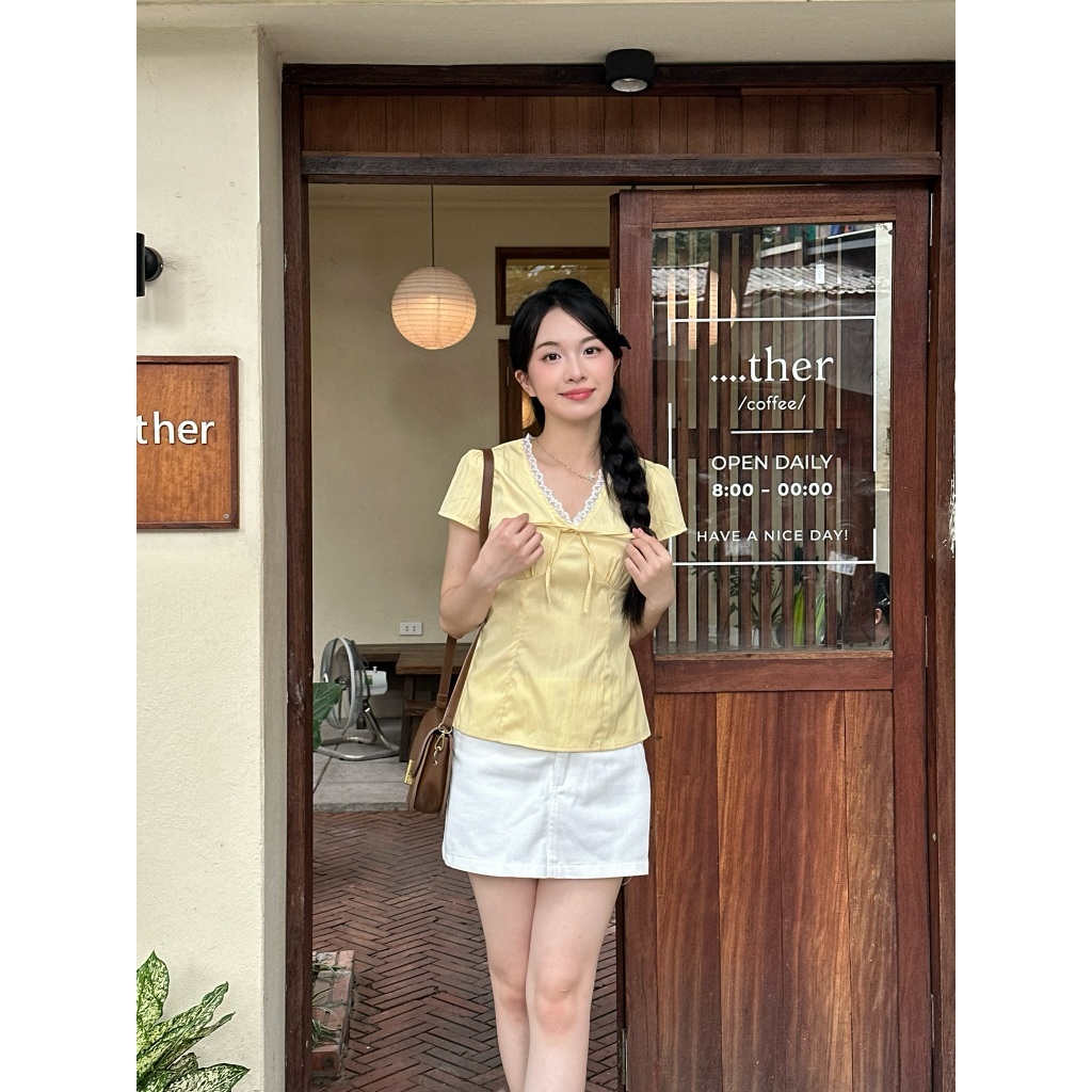 Áo Cổ Tim Nữ Phối Ren Thắt Nơ Ngực Dây Buộc Sau Lưng Freesize, Áo Kiểu Mùa Hè Năng Động - A554 - 29feb.closet | BigBuy360 - bigbuy360.vn