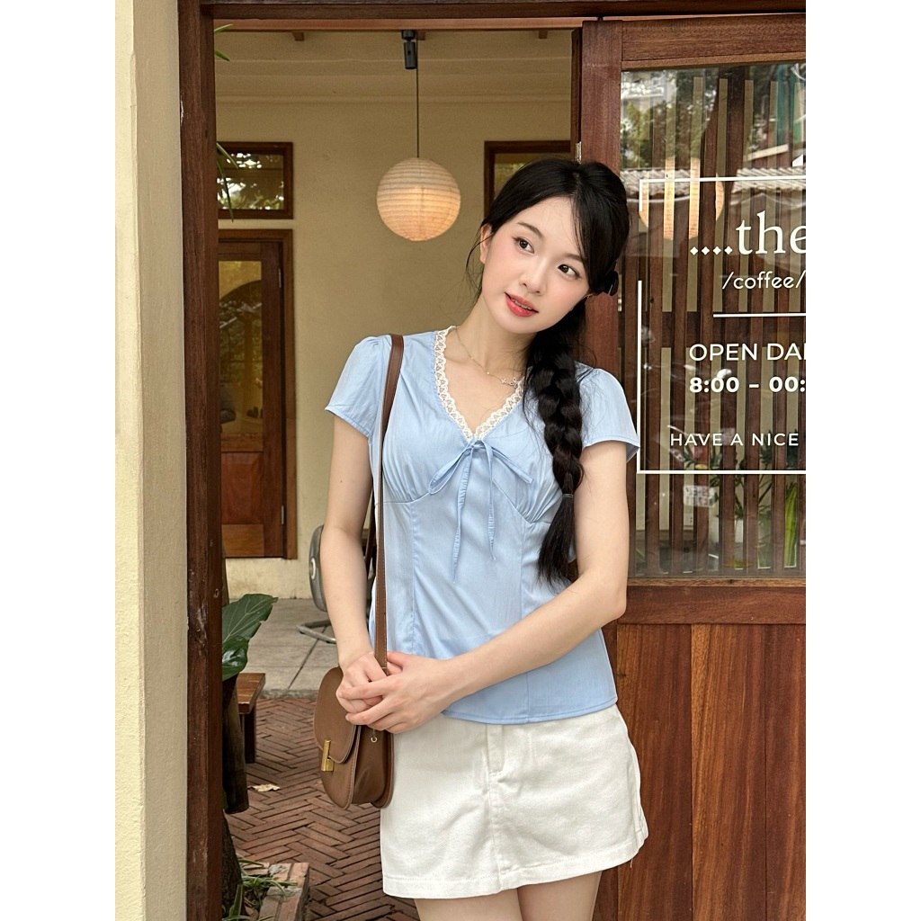 Áo Cổ Tim Nữ Phối Ren Thắt Nơ Ngực Dây Buộc Sau Lưng Freesize, Áo Kiểu Mùa Hè Năng Động - A554 - 29feb.closet | BigBuy360 - bigbuy360.vn