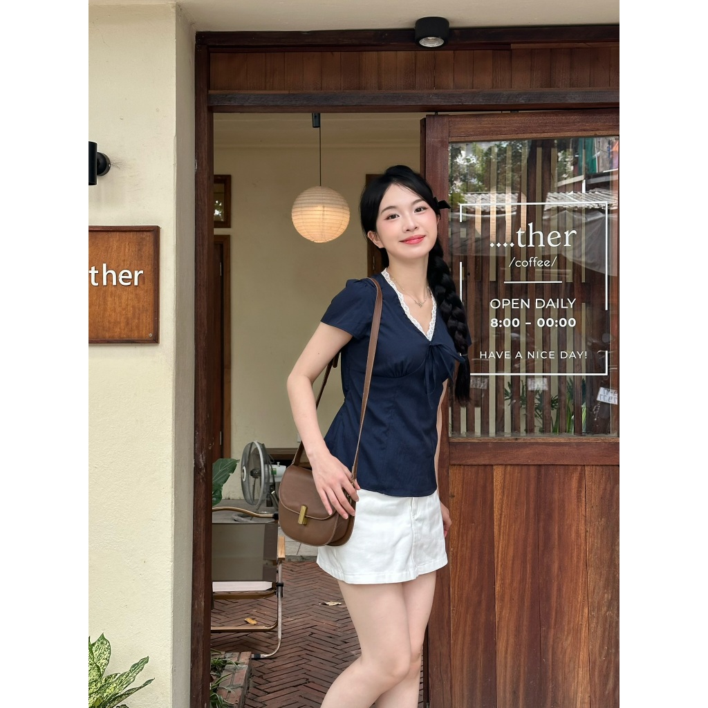 Áo Cổ Tim Nữ Phối Ren Thắt Nơ Ngực Dây Buộc Sau Lưng Freesize, Áo Kiểu Mùa Hè Năng Động - A554 - 29feb.closet | BigBuy360 - bigbuy360.vn