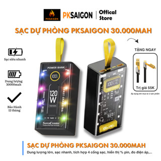 Sạc Dự Phòng PKSAIGON 30.000mAh Trong Suốt Với 2 Cổng Sạc Nhanh 22.5W Và 20W Kèm 4 Đầu Cáp Sạc Màn Hình LED PKSAIGON