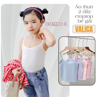 Combo 3 Áo 2 Dây Dáng Ngắn Croptop Cho Bé Gái, Áo Thun Bé Gái Mới Lớn Cotton Mềm Mịn VALICA B02