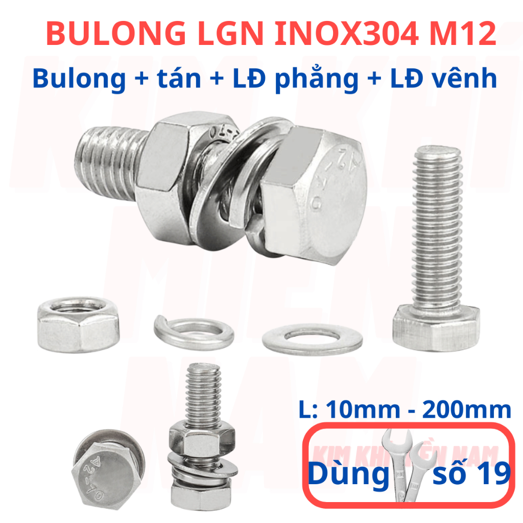 [Bulong + tán + LĐ phẳng + LĐ vênh] 3 bộ bulong LGN inox304 M12 (12 li), dùng khóa 19 để vặn bulong.