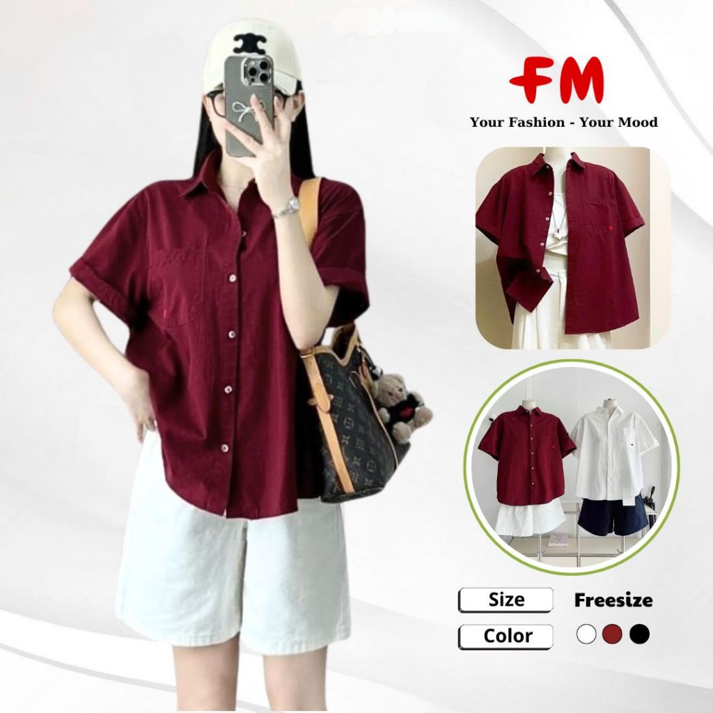 Áo Sơ Mi Nữ FMSTYLE Tay ngắn thêu hình tim ở túi kiểu dáng basic dễ phối đồ Đi Học Đi Làm Đi Chơi
