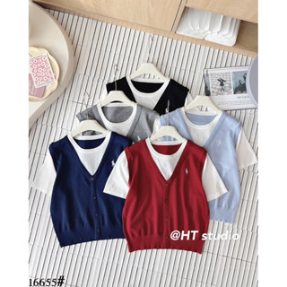 (Hương Muối) Set áo thun trắng liền gile len cài cúc cổ V thêu ngựa