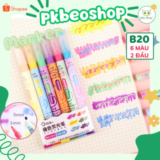  Hộp 6 bút highlight pastel đánh dấu 2 đầu Pkbeoshop set bút dạ quang nhớ dòng marker B20 
