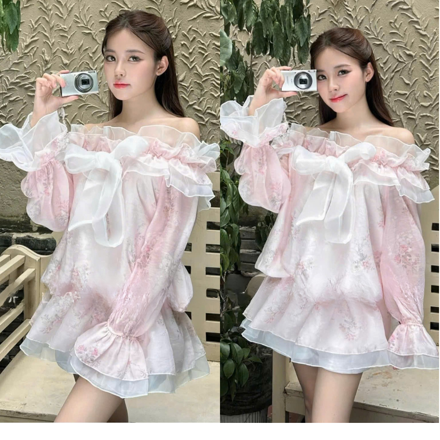 Đầm trễ vai họa tiết