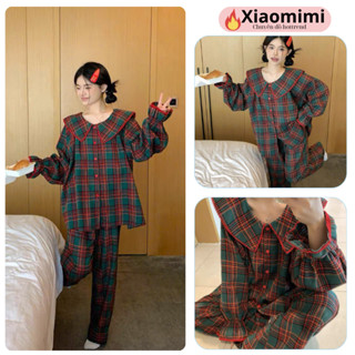 Pijama nữ, đồ mặc nhà nữ tay dài cổ sen phối quần suông dài họa tiết caro màu sắc giáng sinh HCOM3537 Xiaomimi