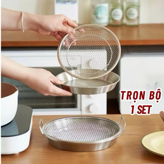  Set Khay Kèm Vỉ Lưới Lọc Dầu Chất Liệu INOX 304 Cao Cấp size 20cm Đựng Ráo Dầu Thức Ăn Chiên Rán 