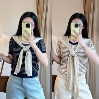 Áo Len Kẻ Cộc Tay Viền Trơn Phối Khăn Muối Tiêu Freesize Aolenphoikhan108