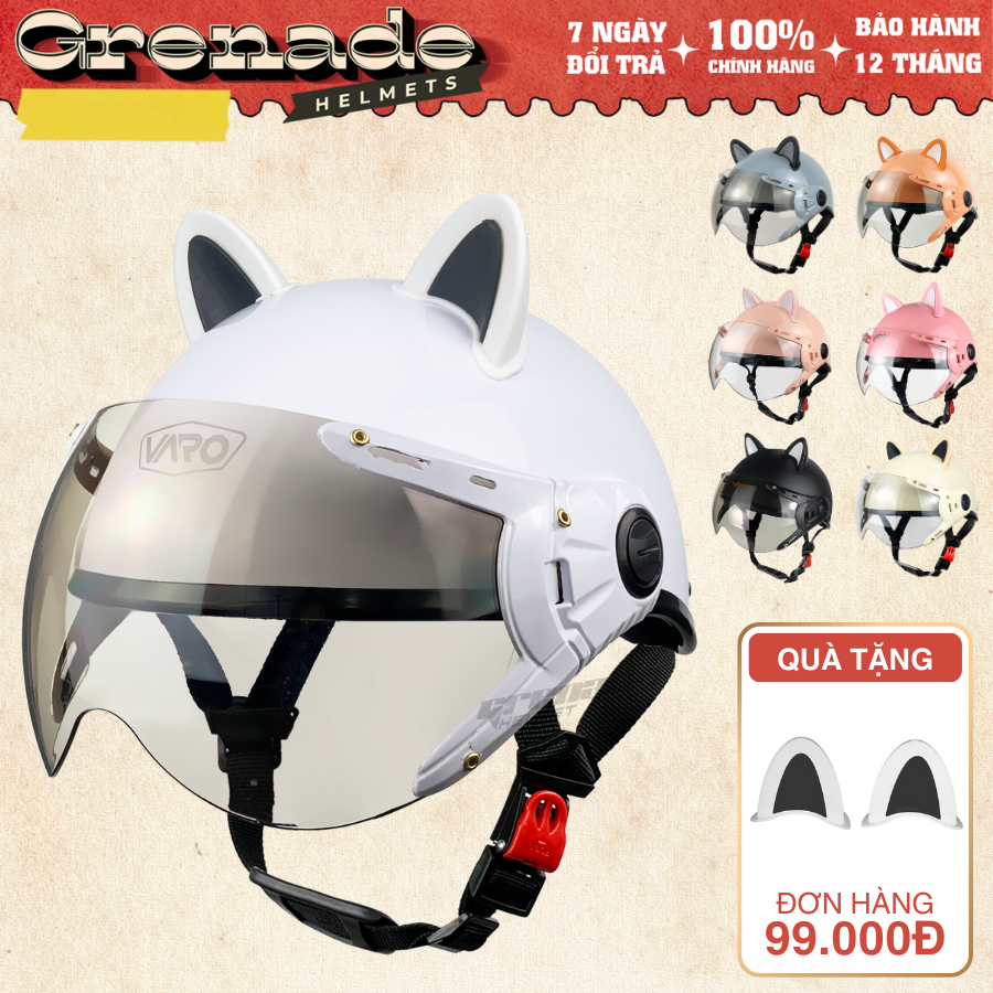 Mũ Bảo Hiểm Nửa Đầu Kính Càng VARO A33K -Mũ Bảo Hiểm 1/2 Đầu Có Kính Cao Cấp Tặng Tai Mèo Chính Hãng