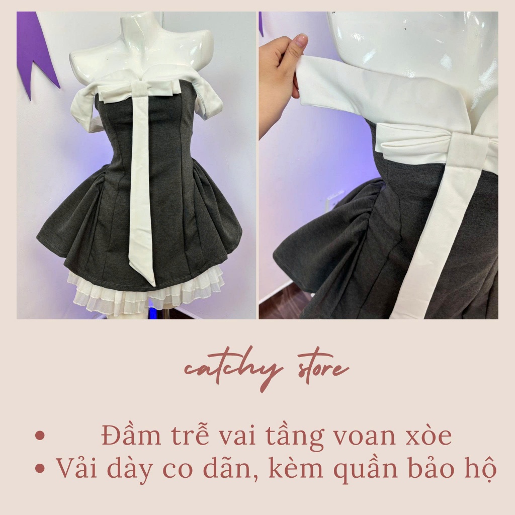 Đầm dự tiệc trễ vai phối nơ ôm eo dáng ngắn xoè viền voan xoăn tôn dáng sang chảnh CATCHYstore phong cách tiểu thư xinh | BigBuy360 - bigbuy360.vn