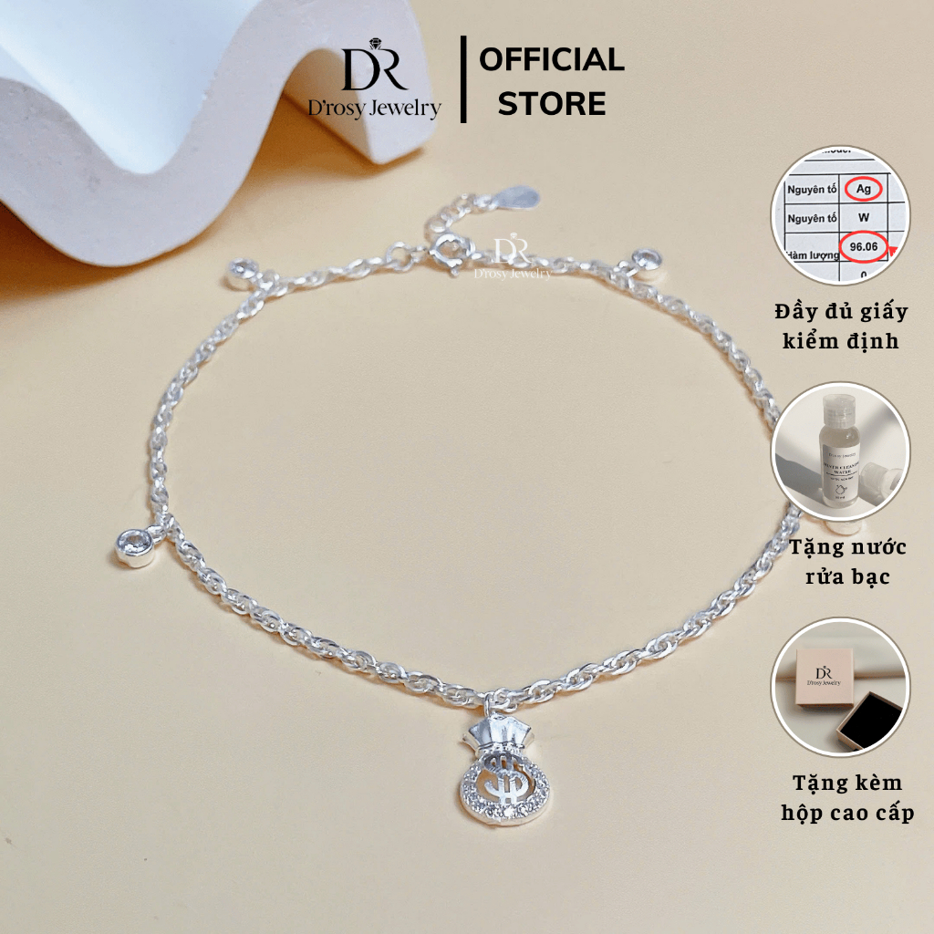 [ TẶNG NƯỚC RỬA BẠC ] Lắc chân bạc nữ S925 D’ROSY kiểu dáng mix charm túi tiền tài lộc D'ROSY JEWELRY LC10.