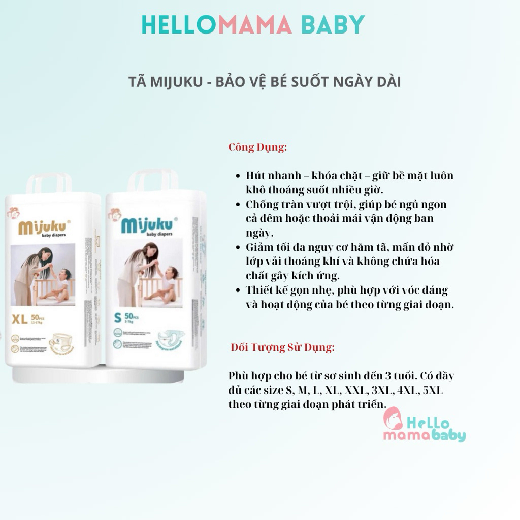 BỈM MIJUKU / Tã Mijuku Bo Mông (dán và quần , thấm hút tốt, mỏng chỉ 0.2 cm,đủ size: S,M,L,XL, XXL, 3xl ,4xl,5xl,50 cái)