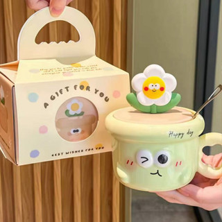  Quà tặng cốc sứ Ly sứ có nắp hình “ Hoa hướng dương ” 370ml thích hợp làm quà tặng đi kèm có muỗng chất lượng cao cấp 