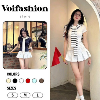   VOUCHER 30K  Set 3 món áo thun ôm body cotton chân váy nỉ form xếp ly kèm khăn Voifashion 