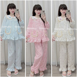  Bộ bầu - bộ sau sinh - BỘ DÀI ĐŨI NHĂN CỔ SEN REN GẮN NƠ KẺ HAI TÚI REN - 6 Màu Áo Có Khoá Kéo & Quần Có Chun Chỉnh 