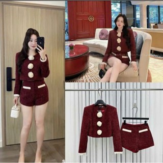  Set dạ tweed nữ nhũ kim sa viền ngọc đính hoa trà kèm quần short dạ tiểu thư mùa đông 